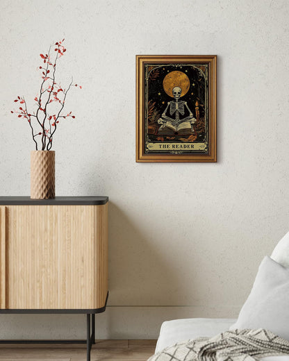 HUARCEY Gold Framed Canvas Wall Art, Skeleton Reader Tarot Picture Decor, Library Reading Room School Decor, Book Lover Witchy Gothic Halloween Canvas Paintings, 12x16inch