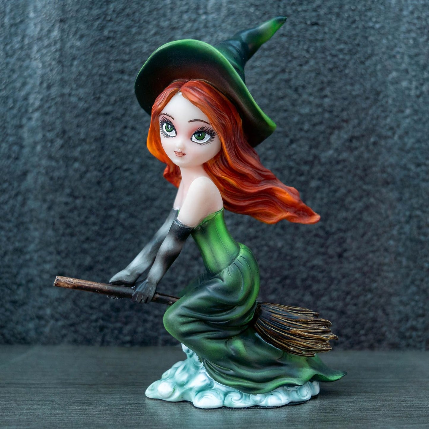Enchanted Green Witch Resin Statue - Riding Broom Flying Style Figurine, Whimsical Gothic Witchcraft Decor, Fantasy Collectible for Halloween, Christmas & Home Office, Unique Wiccan Altar Accent Gift