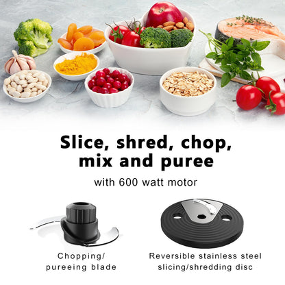 CKEMU Smart Food Processor and Vegetable Chopper, 6 Automatic Functions, BPA Free, Stainless Steel Blades, 12 Cup Bowl, 600-Watt Motor, Black