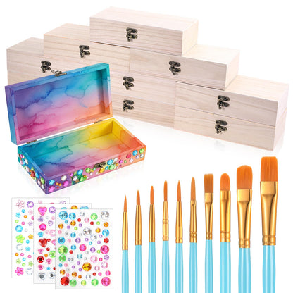Yuanan 10PCS Unfinished Wooden Box for Crafts, 7.87x3.94 Inches Wooden Gift Boxes Small Woodens Boxes with 10 Paint Brush 3 Stickers, for DIY Make Your Own Gift Keepsake Box, Jewelry