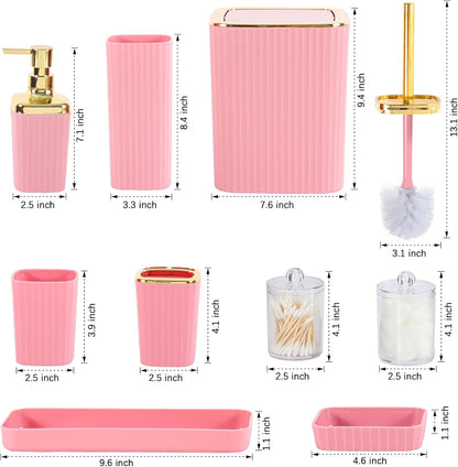 Skiennix 9-Piece Pink Bathroom Accessory Set - Stylish Trash Can, Toothbrush Holder & More