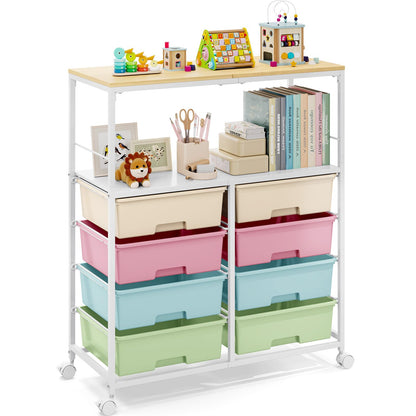 Rolling cart with 8 drawers,Storage drawer cart with wooden tabletop,Lockable wheels organizer for homeschool, arts & crafts, classroom, office & creative spaces (Colorful)