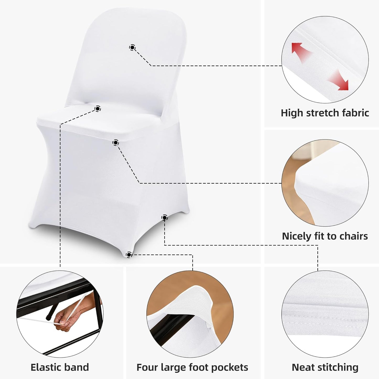 6 Packs White Spandex Stretch Folding Chair Covers for Wedding Party,Universal Fitted Washable Dining Seat Slipcovers