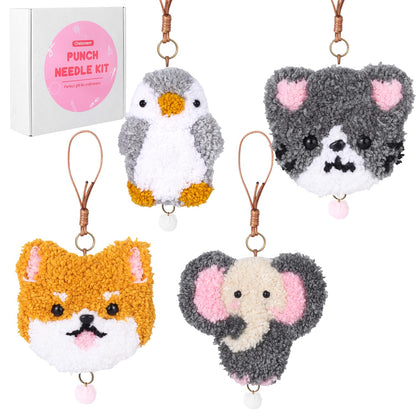 Punch Needle Kit for Beginner,Embroidery Kit with All Tools and Materials, 4Pcs Cute Animal Charm Easy for Adults and Children Follow Instructions and Videos,Best Gift for Craft Lovers