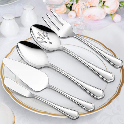 E-far 5-Piece Serving Utensils, Stainless Steel Scalloped Edge Hostess Set for Buffet Party, Dishwasher Safe