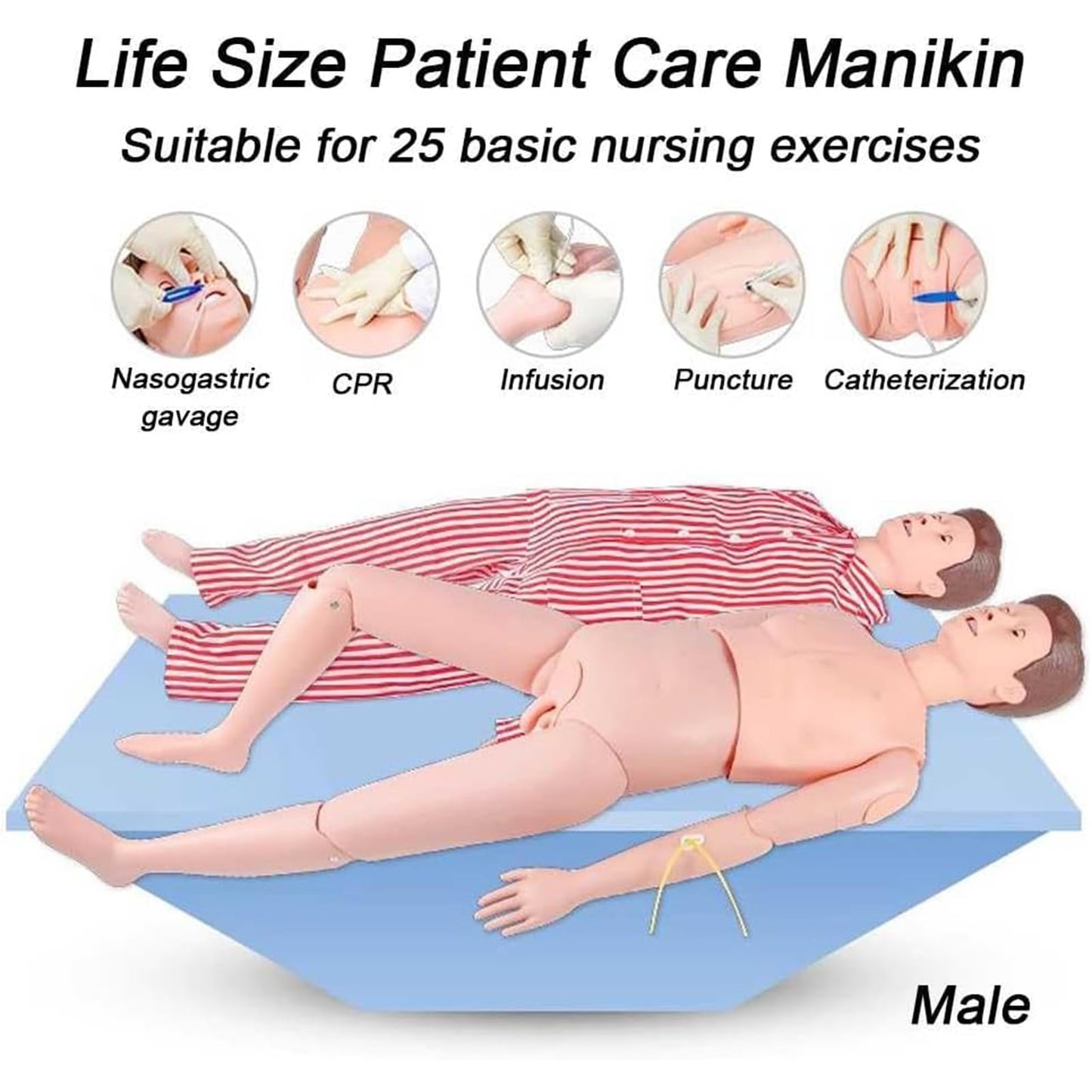 Medical Mannequin for Training, Patient Care Medical Manikin -Body Anatomical Patient Care Skills Model with Hospital Gown and Replace Module for Nursing Medical Training Teaching Pratice(Male)