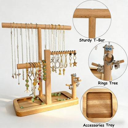 NUEKOELY Solid Wood Jewelry Tower Organizer - 3-Tier Tree Holder Stand with 11 Earring Holes, 2 T-bar for bracelets Necklace or watches, Ring Tree & Display Tray (natural wood)