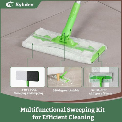 Eyliden Sweeper Mop with 36 Refills - 3 Types of Disposable Dry & Wet Cloths | Lock-Tight Design No Lost Pads, Universal Refills, Multi-Surface Sweeping Starter Kit for Pet Hair, Dust, Floor Cleaning