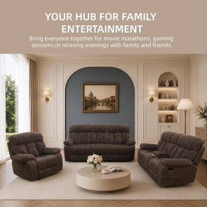 Trygoal Modern Recliner Sofa Set of 3, Cashmere Fleece Upholstered Living Room Set with Cup Holders & Storage, Ergonomic Reclining Couch with Coffee Table, Cozy Home Theater Seating, Brown
