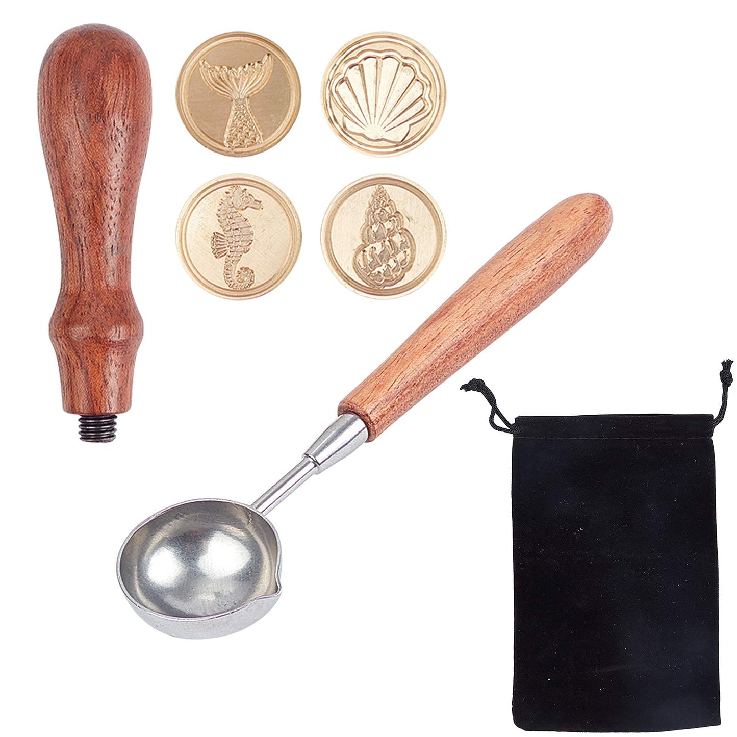 CRASPIRE 7Pcs Ocean Theme Wax Seal Stamp Kit Shell Seahorses Sealing Wax Stamps Brass Heads Wood Handle Black Velvet Pouch Conch Sea Animals Retro Brass Stamp Kit for Letter Envelope Card Gift Decor