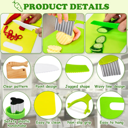 15 PCS Montessori Kitchen Tools for Toddlers Kids Cooking Sets, Apron, Serrated Toddler Knife, Crinkle Cutter, Sandwich Cutter, Wooden Fruit Knife, Y Peeler, Cutting Board for Cooking Kid Safe Knive