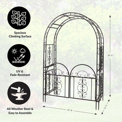 Plow & Hearth Arch Metal Outdoor Garden Arbor Double Gate | Montebello | 7 Feet Tall | Gunmetal Black | Steel Iron Trellis Lattice Climbing Plants & Heavy Vines