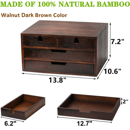 DEAYOU Bamboo Desk Organizer, 100% Natural Bamboo Desktop Drawer Organizer, Dark Brown Tabletop Storage Cabinet Organization Box with 4 Drawer for Makeup, Letter, Home, 3 Layer, Fully Assemble