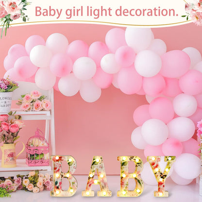 Realspring Woodland Greenery Centerpieces Baby Marquee Light up Sign Letters 8.15'' Baby Shower Letter Battery Operated Gender Reveal Birthday Party Decor for Home Table(Pink)