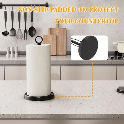 Countertop, Black Paper Towel Holder One-Handed Tear, Stainless Steel, Weighted Base, Ring Paper Towel Holder Stand