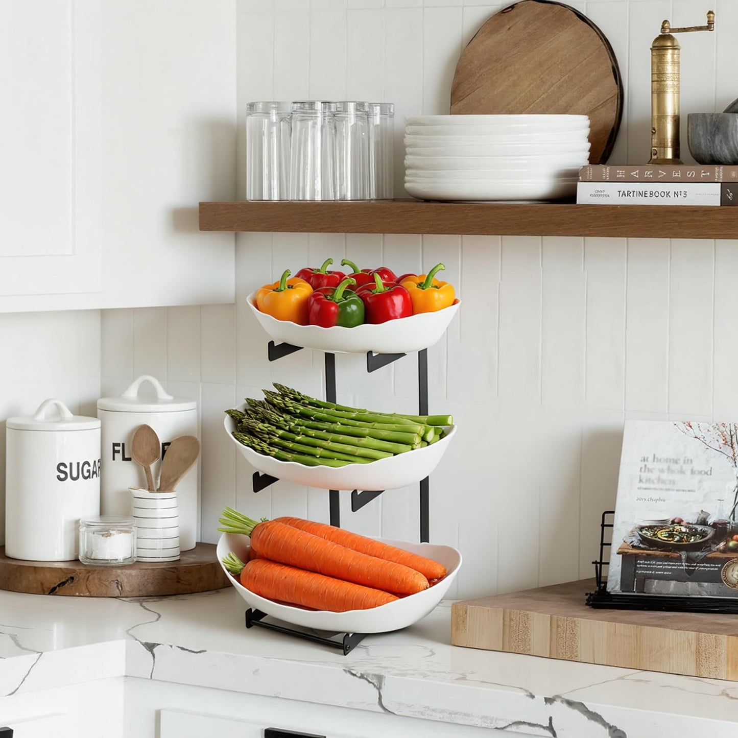 3 Tier Fruit Bowl for Kitchen Counter - Tiered White Fruit Stand, Easy to Assemble & Clean, Sturdy Plastic Fruit Storage Container for Fruits, Vegetables, Snacks, Elegant Serving Bowl for Home & Party