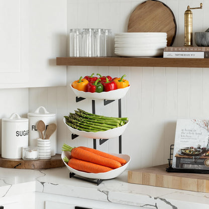 3 Tier Fruit Bowl for Kitchen Counter - Tiered White Fruit Stand, Easy to Assemble & Clean, Sturdy Plastic Fruit Storage Container for Fruits, Vegetables, Snacks, Elegant Serving Bowl for Home & Party