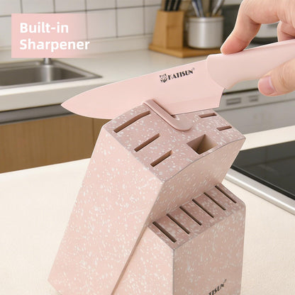 Knife Set, 15 Pieces Knives Sets for Kitchen with Block, Dishwasher Safe Kitchen Knife Set with Built in Sharpener Block, German High Carbon Stainless Steel Knife Block Set with Pink Nonstick Coating