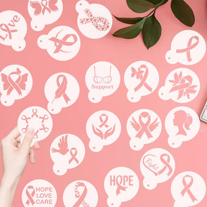 CIEMODA Cancer Awareness Coffee Stencil,Breast Cancer Awareness Stencils Set, 16pcs Pink Ribbon Reusable Cookie & Latte Art Stencils for Baking, Painting, and DIY Crafts