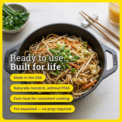 Lodge 6.25 Inch Cast Iron Mini Wok with Dual Loop Handles – PFAS FREE Pre-Seasoned Individual Serving Pan – Stovetop & Oven Safe Heavy Duty Sauce Wok – Made in USA