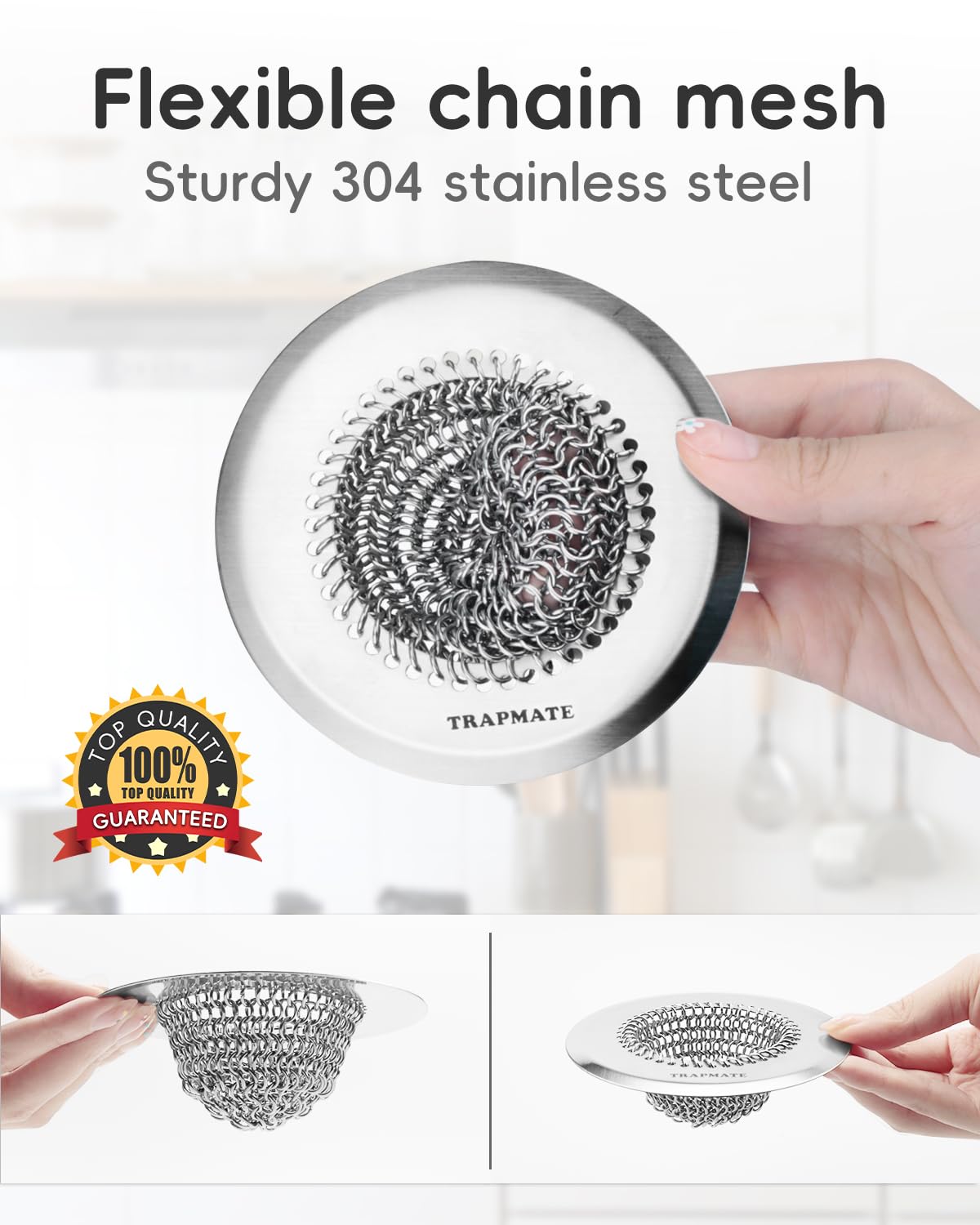 TRAPMATE 2 Pcs Kitchen Sink Drain Strainer, Stainless Steel Sink Strainer Basket with Easy Clean & Anti-Clog, Fits Garbage Disposal, Dishwasher Safe, Single & Double Bowl Sinks (Patented Product)