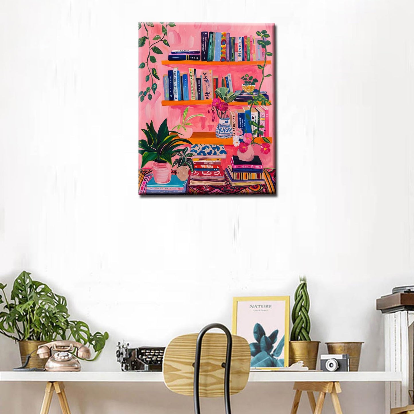 Bookshelf Book Theme Paint by Numbers Kits for Adult Beginners Boho Paint by Numbers Bohemian Digital Oil Painting Kits on Canvas with Brushes and Acrylic Pigment Without Framed 16''W x 20''H
