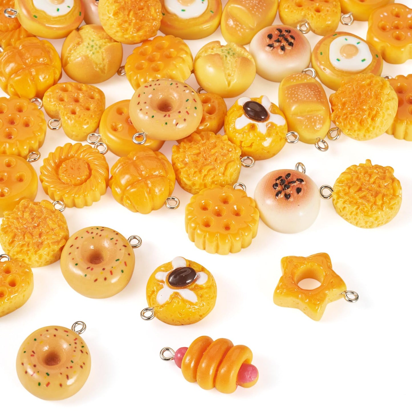 Beadthoven 40Pcs Assorted Resin Imitation Food Charms Cute Baking Bread Charms Small Cookies Donut Hot Dog Miniature Food Pendants for Jewelry Making Earrings Necklaces Keychains DIY Crafts Supplies