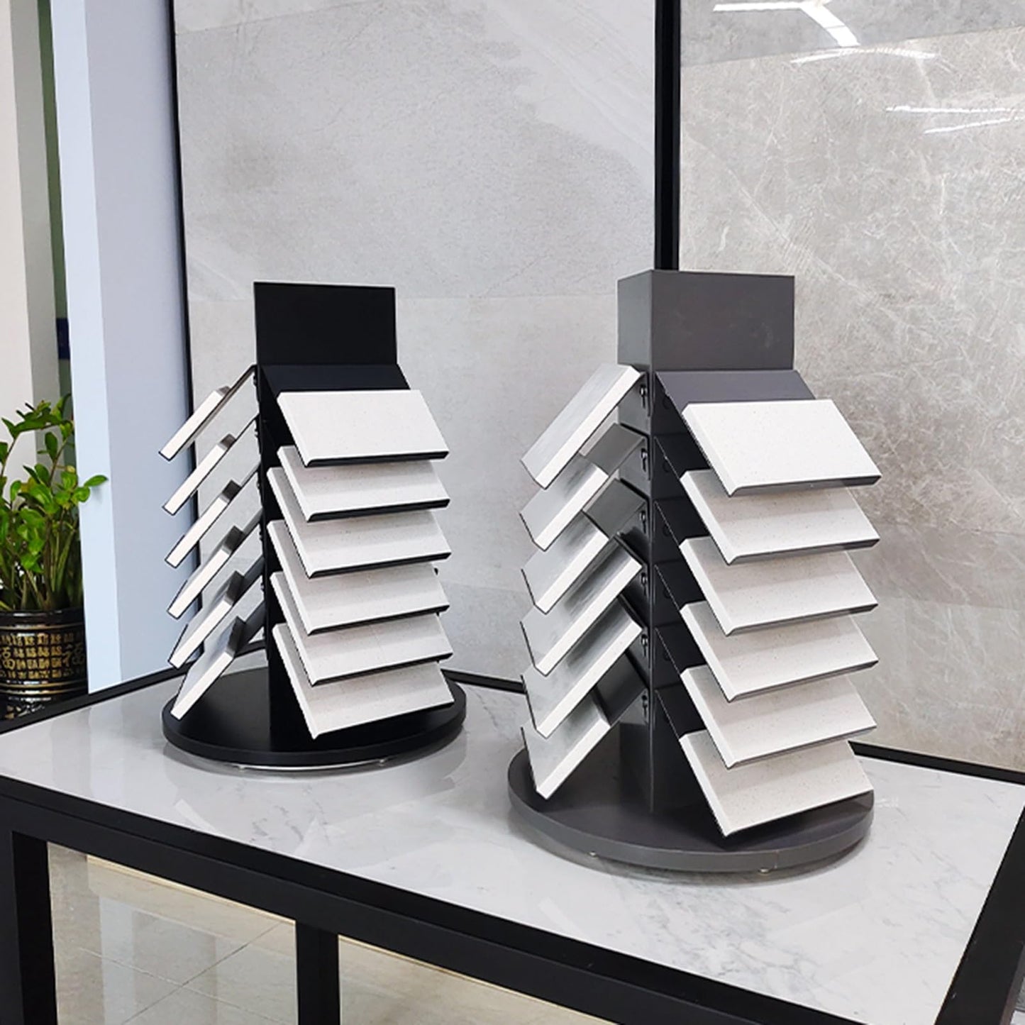 ZOCWJK Rotatable Marble Slab Display Stand, Gray Porcelain Rack with 18 Card Slots, Iron Tile Sample Holder, Wooden Floor Storage Shelf, Perfect for Showrooms and Reta,Black,Gray-40x40x59cm