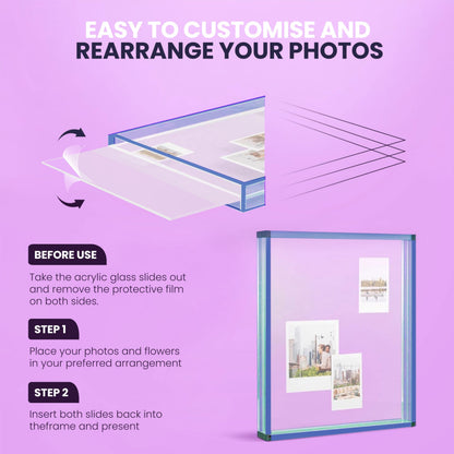 Elil 5x7 Acrylic Picture Frame – Blue Floating Polaroid Fujifilm Instax Display 8.3" x 7.6" Holds 5x7 Photo or 6 Mini or Go Print Double-Sided Collage for Desk Wedding Anniversary Graduation