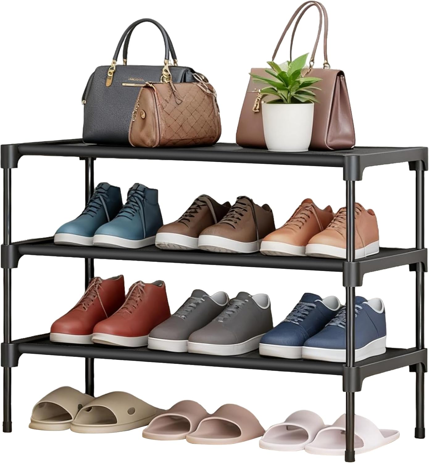 3 Closet, 28" LOFTEY Shoe Rack, Tier Non-Woven Shoe Shelf, Stackable Shoe Rack Organier for Front Door and Entryway