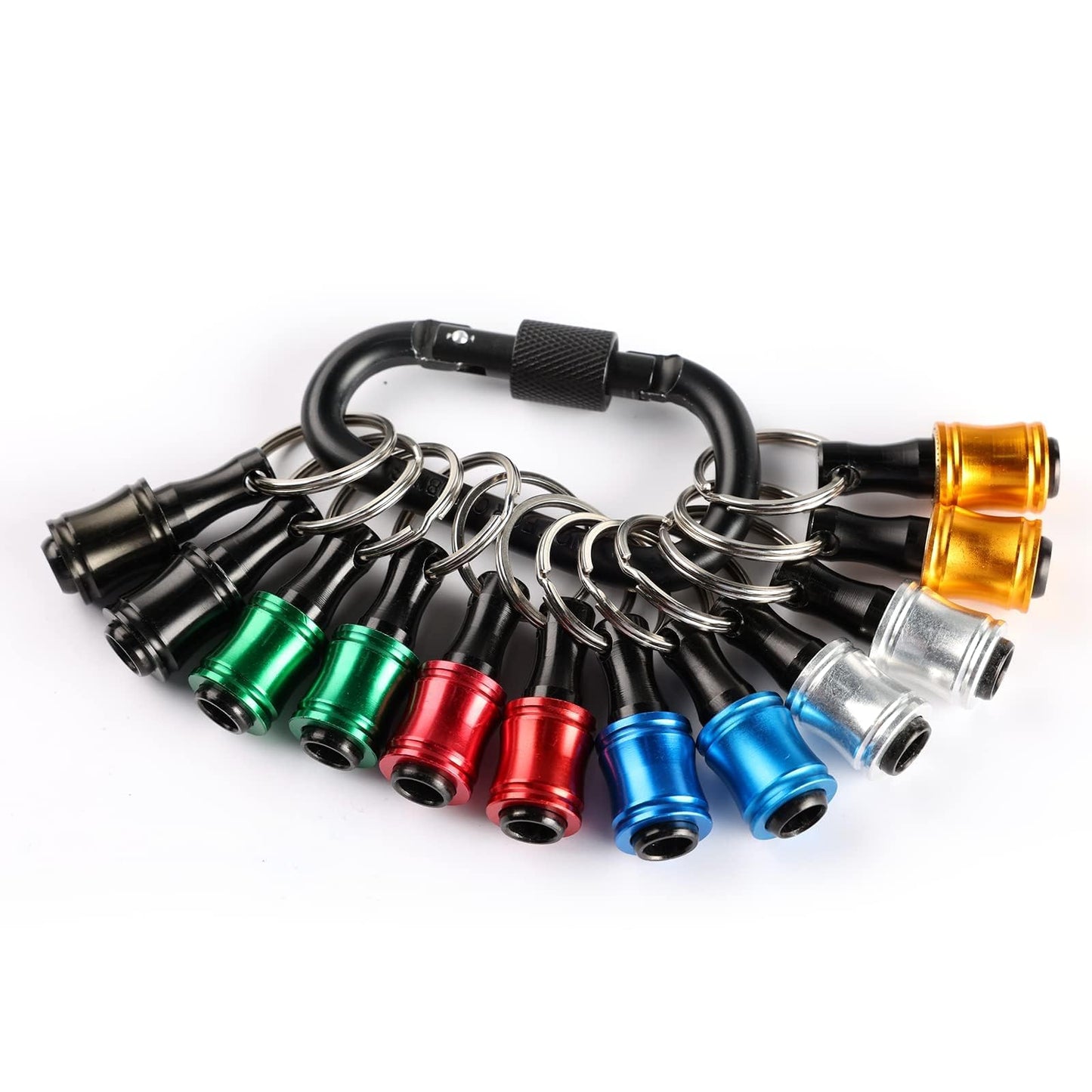 Katerk 12pc Portable Bit holder Key chain, 1/4 inch Hex Shank Screwdriver Bit Clip for Impact Driver Drill Bit Extension Nut Driver W/Black Carabiner, Quick Release Lightweight Drill Screw Adapter