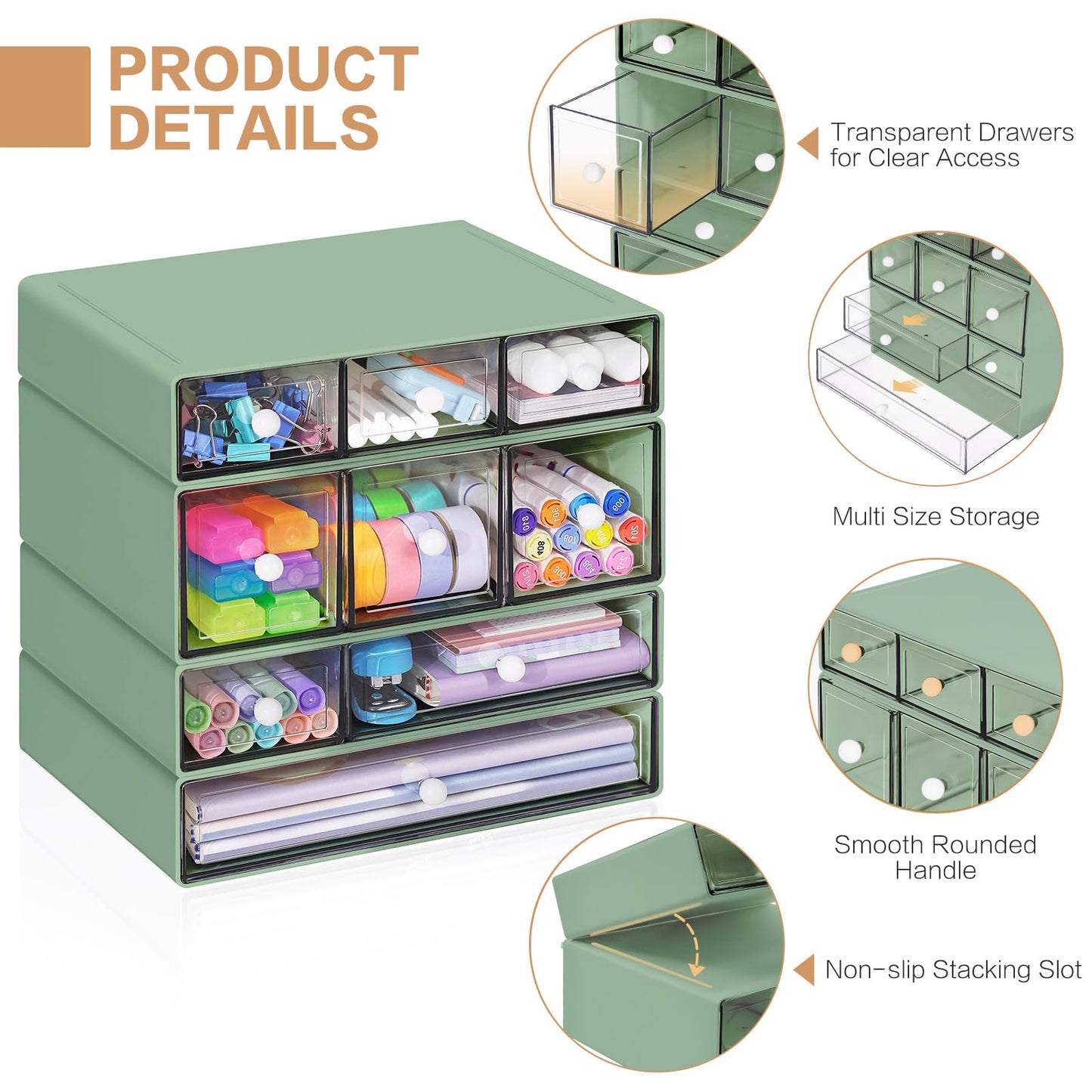 FODIENS Desk Storage Organizer with 9 Drawers, 4 Tiers Stackable Desktop Craft Storage Drawers, Clear Storage Box Caddy for Stationary Makeup Jewelry Office Craft Supplies (Green)