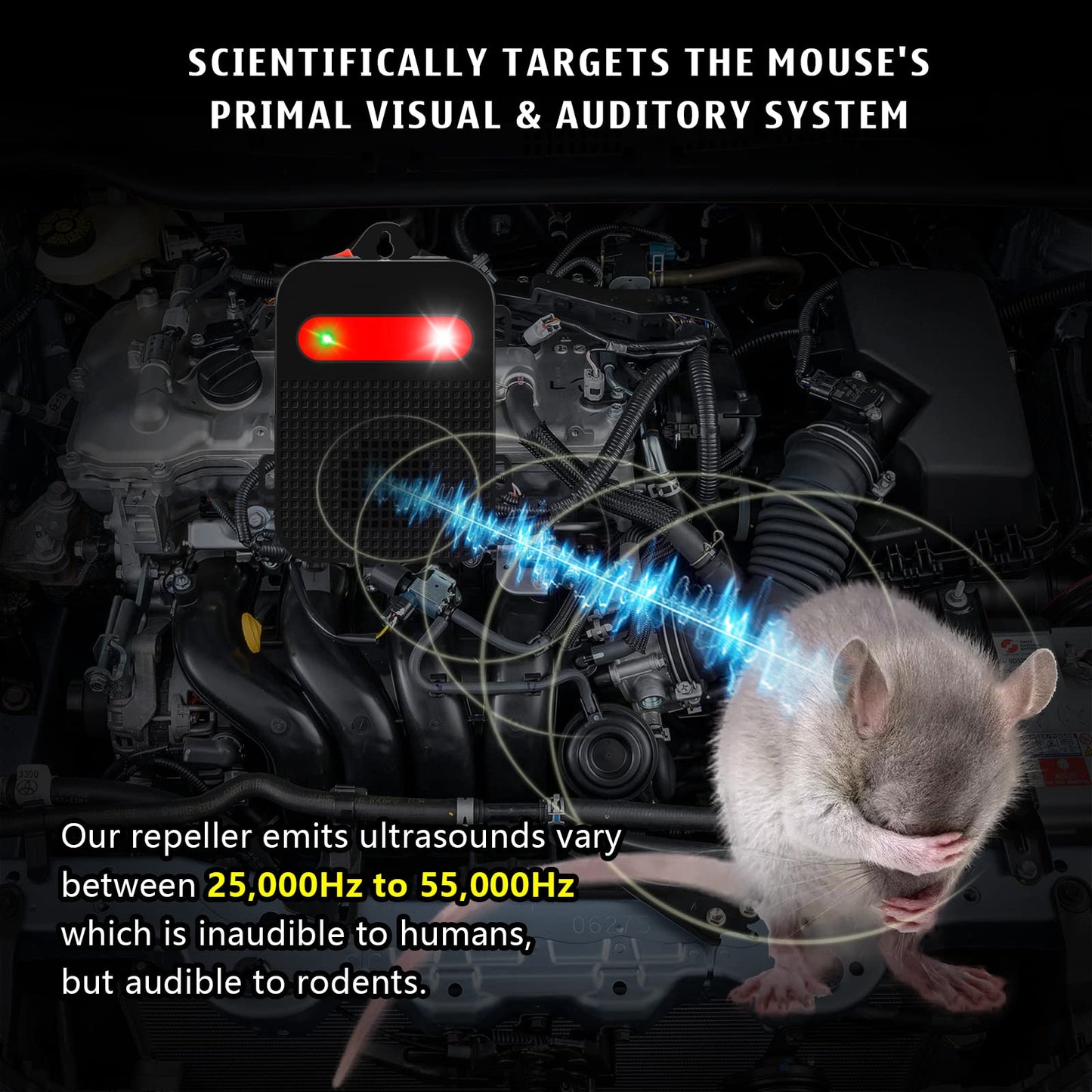 Angveirt Ultrasonic Rodent Repellent Under Hood Battery Operated Pest Repeller Humane Mouse Repellent for Car Engines Basement Garage Attic Rat Mice Deterrent 2 Pack