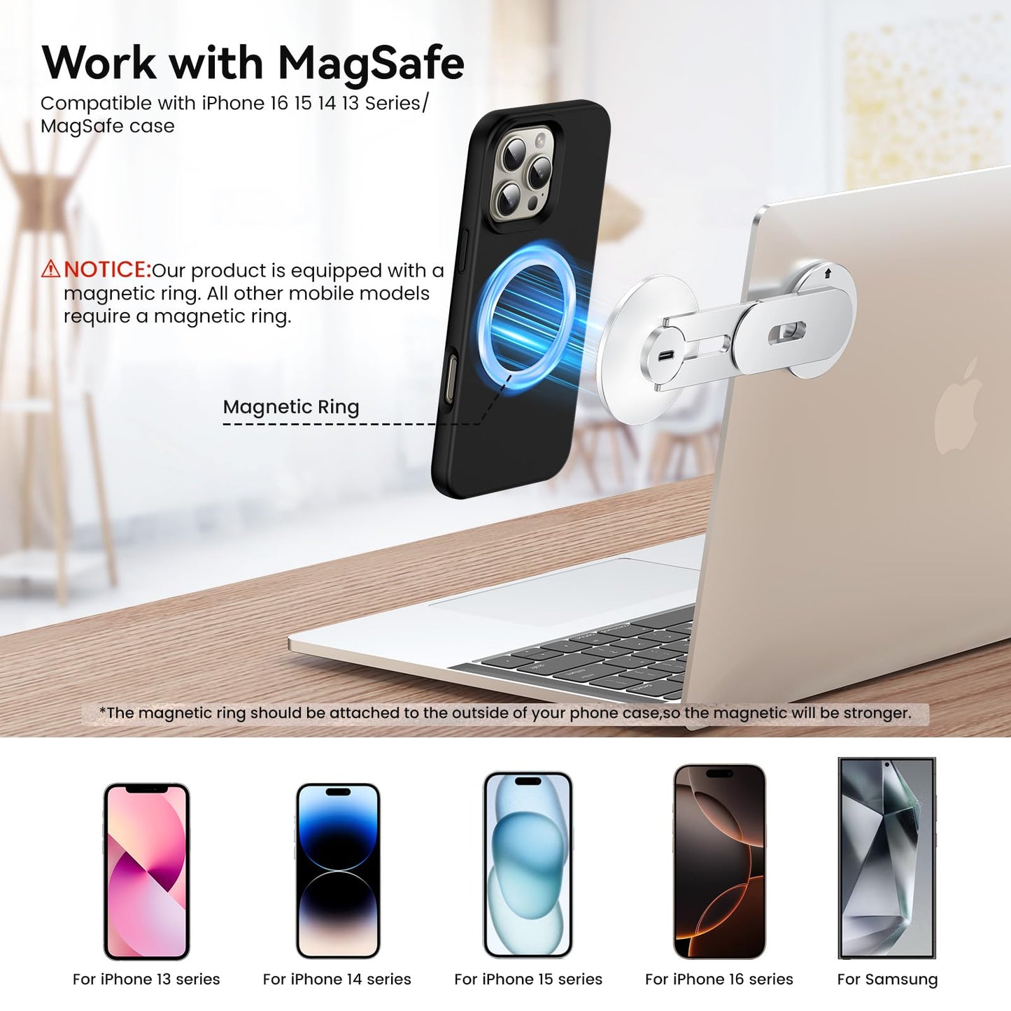 Laptop Phone Holder, Magnetic Phone Stand 15W Fast Wireless Charger for MagSafe for iPhone 17/16/15/14/13/12 & All Phones for Tesla (Silver)