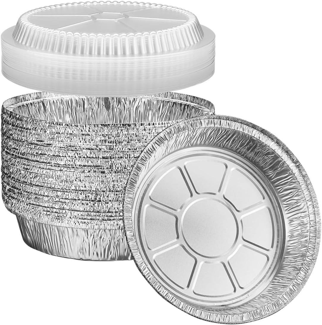 GUSTO [50 Count] 9 Inch Disposable Round Aluminum Foil Pans with Clear Plastic Dome Lids for Baking & Cooking