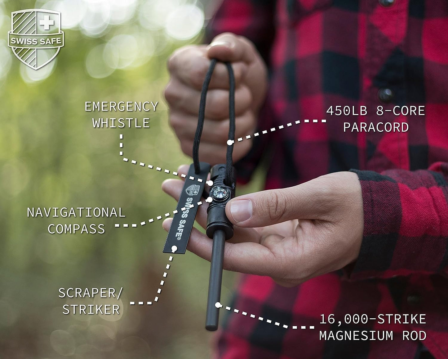 Swiss Safe 5-in-1 Magnesium Ferro Rod Fire Starter Survival Tool - Flint & Steel Striker, Compass, Paracord & Whistle - Emergency Kit for Backpacking, Camping, Hiking - All-Weather - Black, 1-Pack