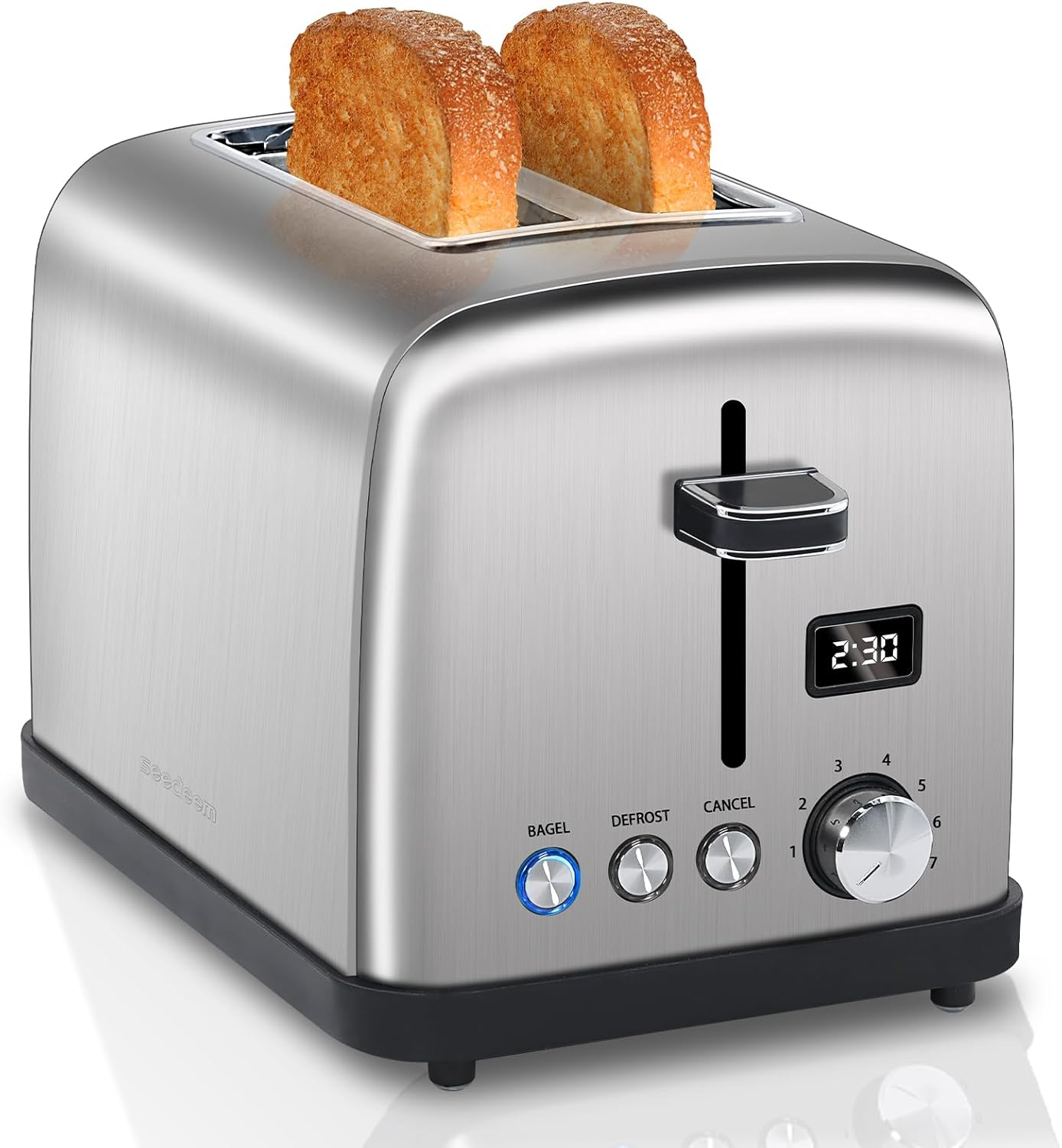 SEEDEEM 2 Slice Toaster, Stainless Steel, LCD Display, 7 Shade Settings, Digital Bagel & Defrost Function