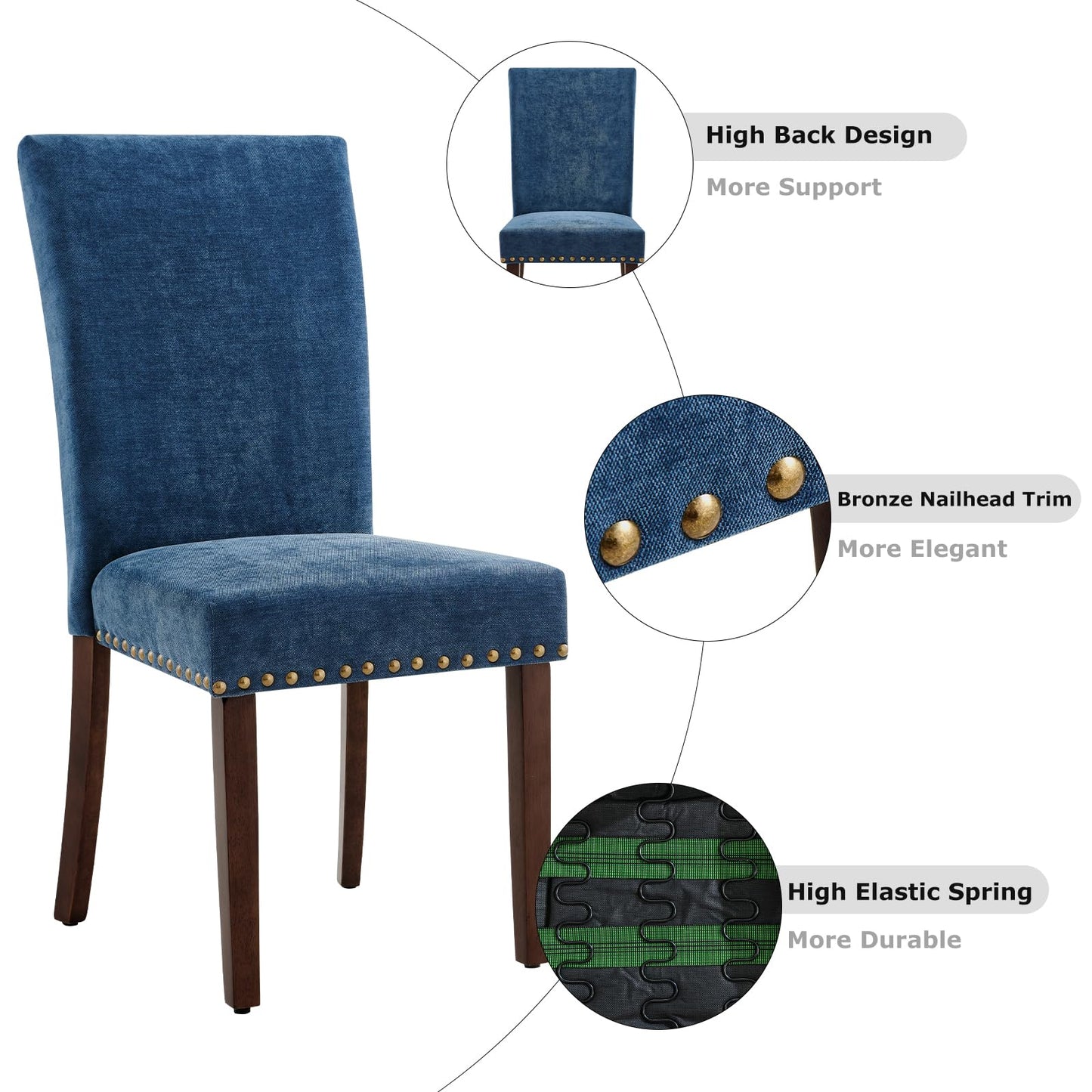 COLAMY Upholstered Parsons Dining Chairs Set of 4, Fabric Dining Room Kitchen Side Chair with Nailhead Trim and Wood Legs - Dark Blue