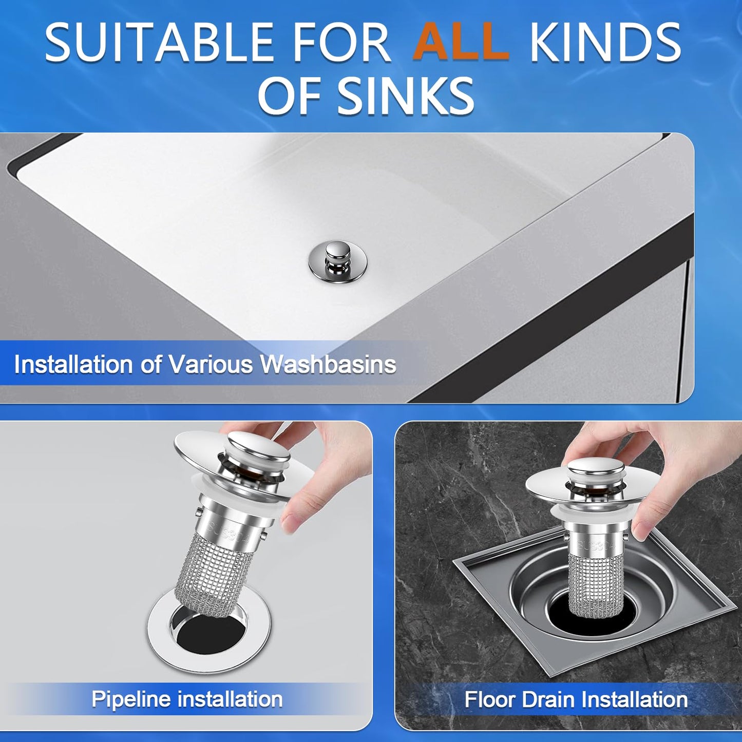 Bathroom Sink Drain Strainer, Pop-up Sink Drain Strainer with Removable Stainless Steel Strainer Basket Hair Catcher, Bathroom Sink Strainer for Bathroom Sink Stopper Replacement. (1PACK)