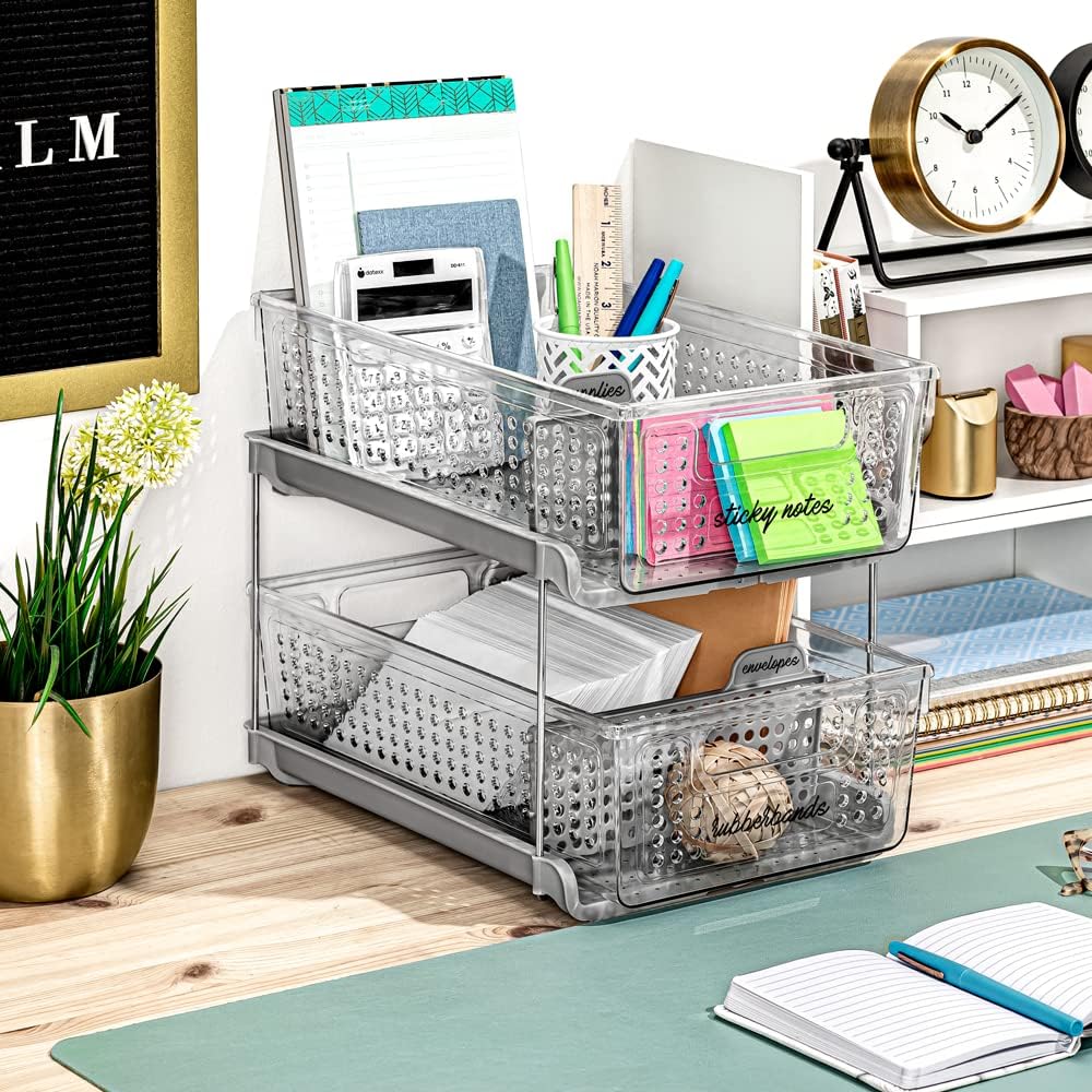 madesmart 2-Tier Multi-Purpose Slide-Out Storage Organizer with Handles and Dividers, BPA Free, Clear, Pack of 1