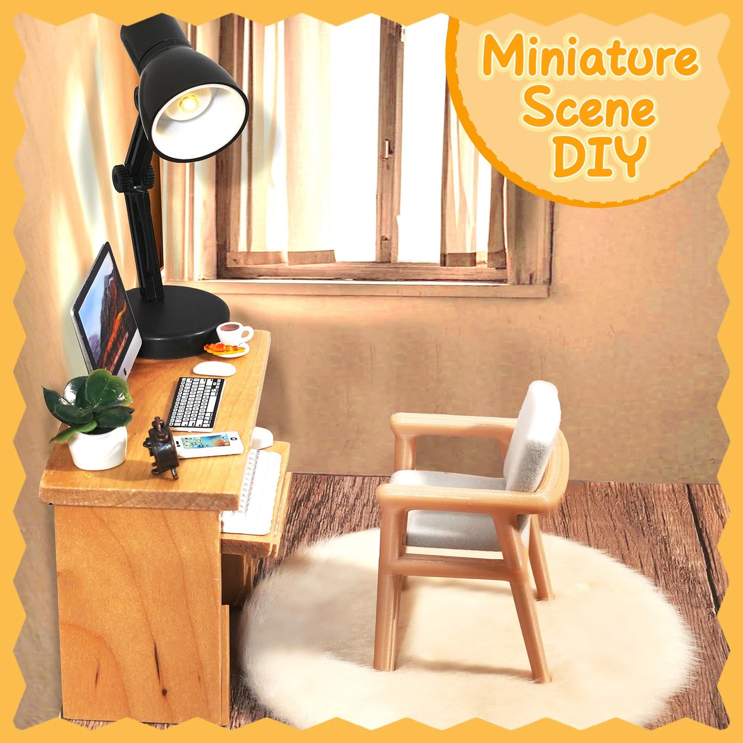 Hiawbon 11PCS 1:12 Scale Miniature Office Furniture Set, Miniature Office Table and Chair, Mini Simulation Desktop Computer with Mouse Keyboard Model Simulation Accessories for Mini House