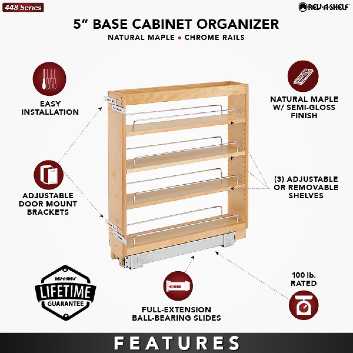 Rev-A-Shelf 6.5" Pullout Kitchen Cabinet Storage Organizer Slide Out Pantry Spice Rack with Adjustable Shelves, Natural Maple, 448-BC-6C