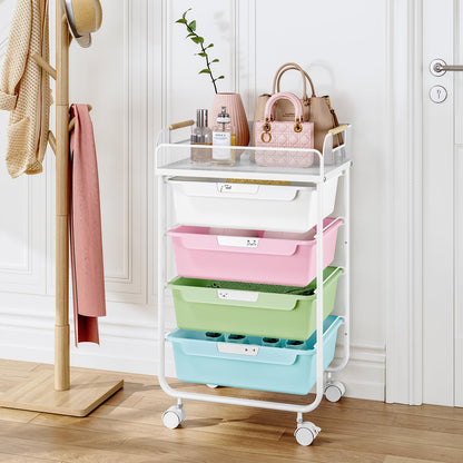 SYKIARIOL Rolling Cart with 4 Drawers,4 Tiers Rolling Utility Cart Craft Cart,Rolling Storage Drawer Cart with Mesh Top,Storage Cart with Drawers & 4 PCS DIY Lable, Classic Colorful