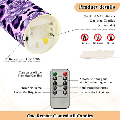 ALAZA Purple Leopard Print Rose Pattern Flickering Flameless Candles Battery Operated with Remote Timer,Tea Light Candles LED Pillar Votive Set of 2 for Outdoor Indoor Decorations 3" x5.9"