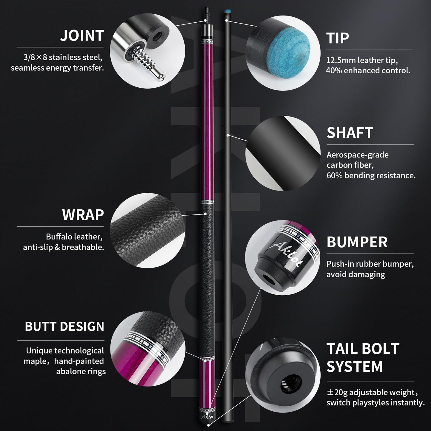 AKLOT Carbon Fiber Pool Cue Stick, 58”, 19oz, Low Deflection Pro Billiard Stick, 12.5mm Tip, Maple Butt & Buffalo Leather Grip Weight Adjustment, Pool Cue Kit with Case,Tips (Rose Phantom)