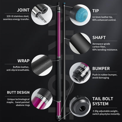 AKLOT Carbon Fiber Pool Cue Stick, 58”, 19oz, Low Deflection Pro Billiard Stick, 12.5mm Tip, Maple Butt & Buffalo Leather Grip Weight Adjustment, Pool Cue Kit with Case,Tips (Rose Phantom)