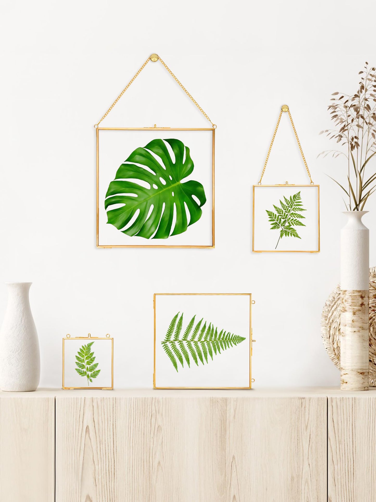 REDHUGO Glass Pressed Flower Frames,Vintage Hanging Picture Frames with Chain,Handmade Brass Floating Picture Frame,Plant Specimen Wall Ornament Display Artwork DIY Family Photo,Square,Gold,4x4 Inches