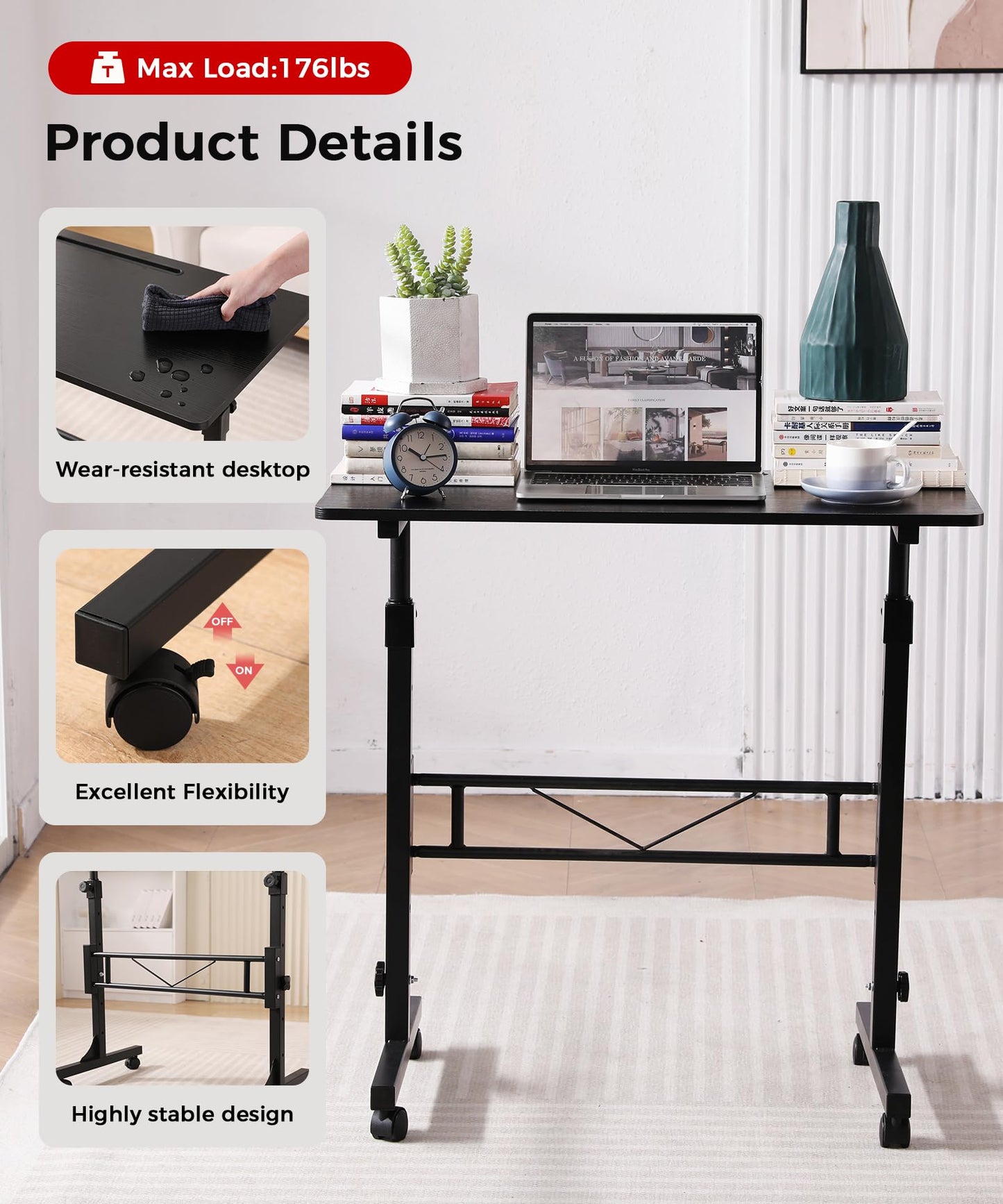 KLSMYHOKI Portable Standing Desk Adjustable Height, Small Computer, Laptop, Mobile Stand Up Rolling Desk with Wheels, Table for Home Office, 16"x31.5" Height 27"-43.5", White