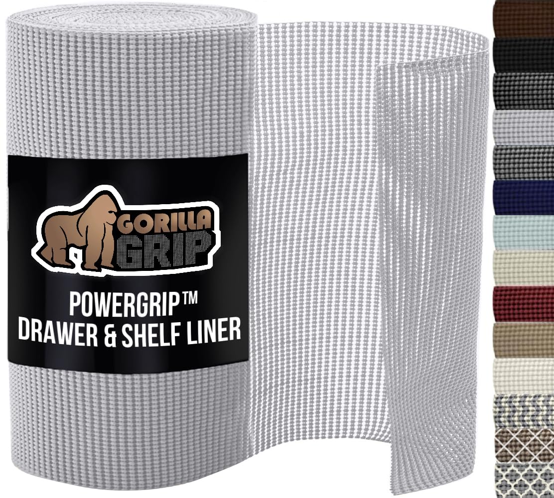 GORILLA GRIP powerGRIP Drawer Shelf and Cabinet Liner, Thick Strong Hold, Non-Adhesive Liners Protect Kitchen Cabinets and Cupboard, Bathroom Drawers, Easy Install, Breathable Mat, 12" x10', Beige