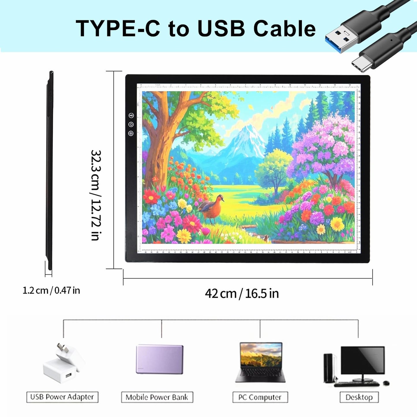 A3 Wireless Rechargeable Tracing Light Pad, 3-Colors & 8-Level Adjustable Brightness, 2500mAh Battery Powered Ultra-Thin Light Board with Foldable Stand for Diamond Art Painting